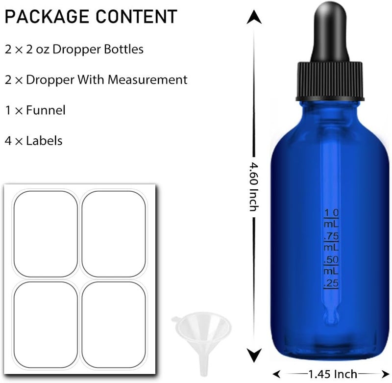 Bumobum Dropper Bottle 2 oz, 2 pack Blue Glass Eye Dropper Bottles with Labels and Funnel, Leakproof Tincture Bottles with Measured Dropper - Image 5